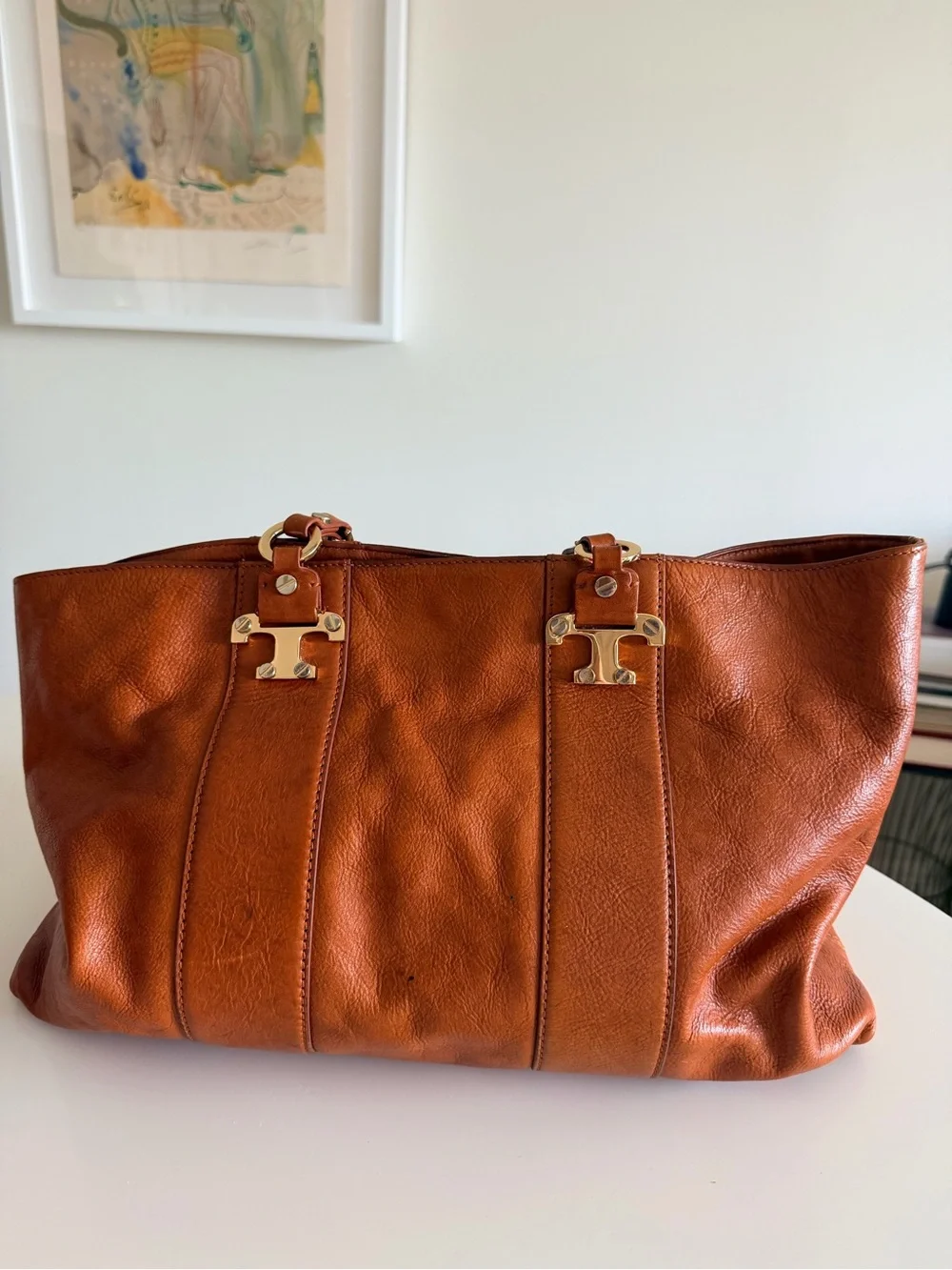 Tory Burch Cognac Leather Tote with Gold Hardware